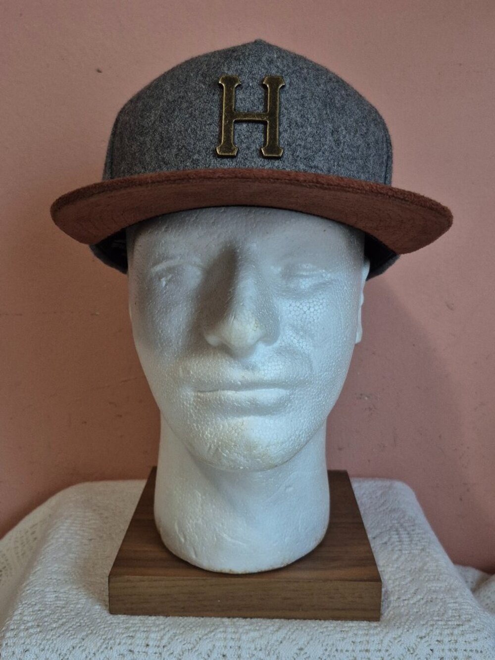 HUF Gray Wool Hat Brown Suede Brim Brown Leather Strapback Baseball Cap